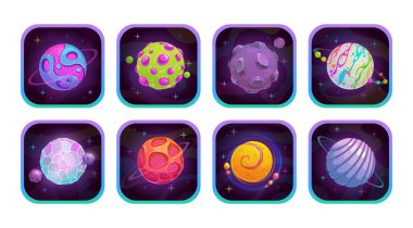 App icons with cartoon fantasy planets. Space assets for game design. Vector isolated elements on white background.