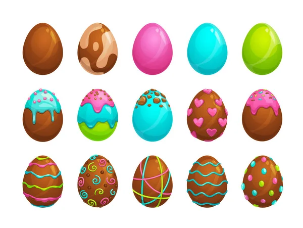 stock vector Set of colored and sweet chocolate eggs. Traditional Easter holyday egg symbol, decorated with stripes, dots and patterns. Isolated vecor icons on white background.