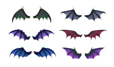 Different cartoon dark fantasy wings set. Dragon, devil, bat wing icons. Isolated vector elements.