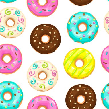 Seamless pattern with colorful donuts on white background. Sweet texture tile for printing. Vector donut illustration in cartoon style.