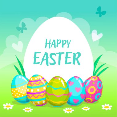 Happy Easter greeting card with decorated eggs and place for text on spring background. Cute colorful holiday vector illustration in cartoon style.