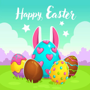 Happy Easter greeting card with decorated eggs on the grass, bunny ears and text on spring background. Cute colorful holiday vector illustration in cartoon style.