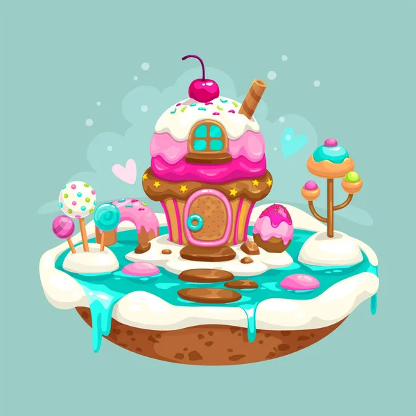 Flying Sweet Island Cute Cupcake House Candy Tree Ice Cream — Stock Vector