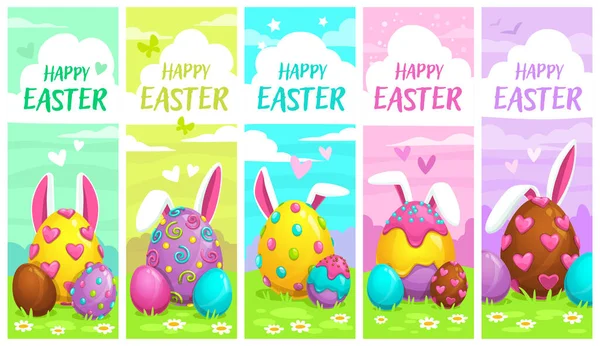 Set Five Festive Easter Banners Happy Easter Greeting Card Decorated lizenzfreie Stockvektoren