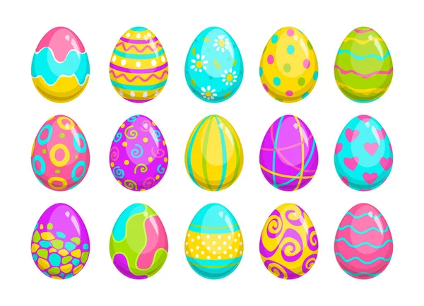 一套卡通风格的彩蛋和彩蛋 传统的复活节全天候蛋符号 带有条纹 圆点和图案 白色背景上孤立的彩色矢量图标 图库插图