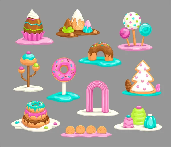 Sweet Decorative Fantasy Objects Candy Land Design Sweetland Cartoon Assets Ilustraciones de stock libres de derechos