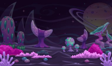 Fantasy cartoon alien world landscape. Fantastic night plants, mystery world with unusual trees and mushrooms. Vector magic planet illustration. Wonderland nature concept. Magical game background.