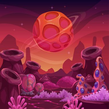 Another world concept, vector background for game design. Alien planet outdoor landscape with mountains and fantasy plants, illustration in red colors