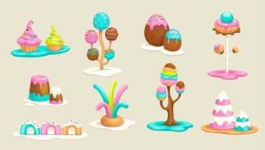 Sweet decorative fantasy objects for candy land design. Sweetland cartoon assets for game design. Chocolate, sugar, caramel, cream, donut, candies elements. Vector isolated sweets, icons set