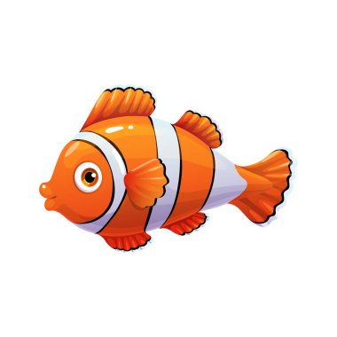 Cartoon clown fish, isolated vector icon on white background. Cute orange striped tropical clawnfish.