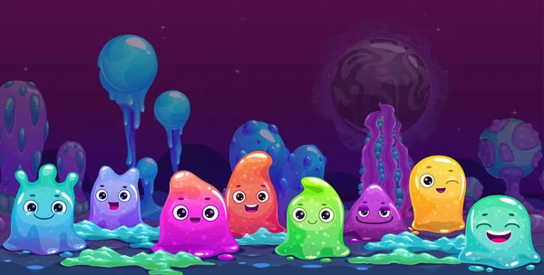 Cute Childish Horizontal Banner Colorful Tiny Slime Characters Alien Planet — Vector de stock