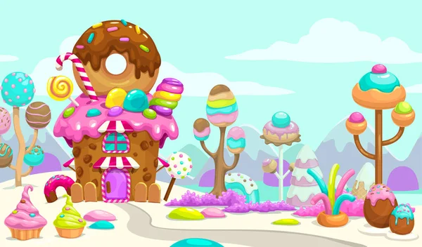 Cartoon Sweet Candy Land Scene Horizontal Magic Childish Illustration Vector — Vector de stock