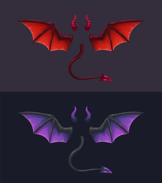 Devil Tails Horns Wings Dark Background Demonic Red Black Elements — 스톡 벡터