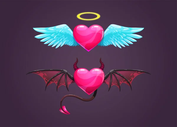 天使と悪魔の漫画の心 愛のコンセプトアイコン ベクターイラスト — ストックベクタ