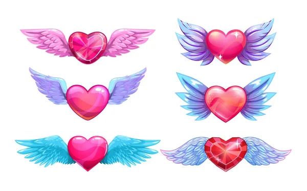 Beautiful Glossy Colorful Pink Red Crystal Hearts Angel Wings Love — Stock Vector