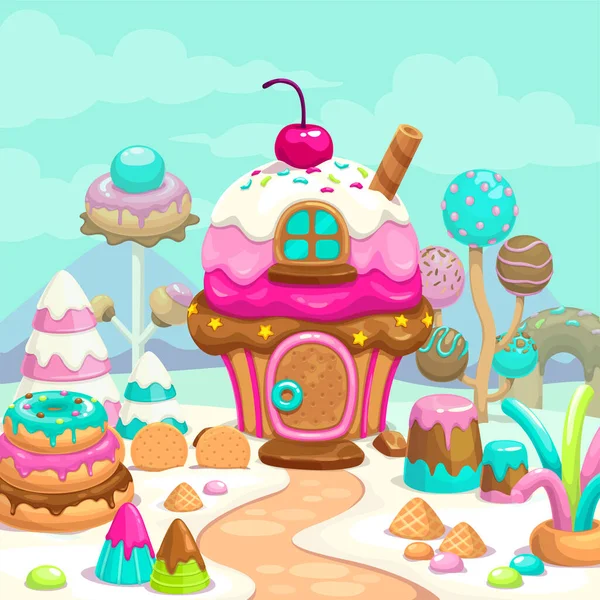 Cartoon Sweet Candy Land Illustration Vector Fantasy Landscape Cute Cake Stock Vector