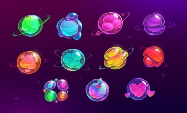 Karanlık uzay arka planında parlak dokuları olan renkli baloncuk gezegenler. Parlak, enerjik, oyunlar ve kozmik tasarımlar için fantezi küreleri. Çizgi film vektör illüstrasyonu.