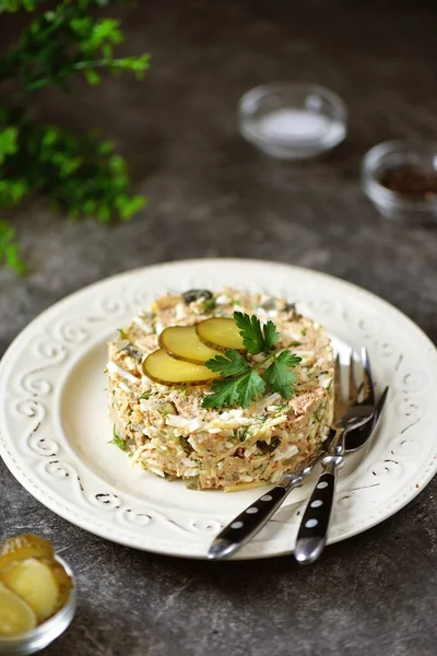 Canned Tuna Salad Egg Pickled Cucumber Stock Photo