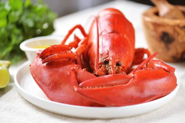 Whole Boiled Lobster White Plate Lime Slices — Stock Photo, Image