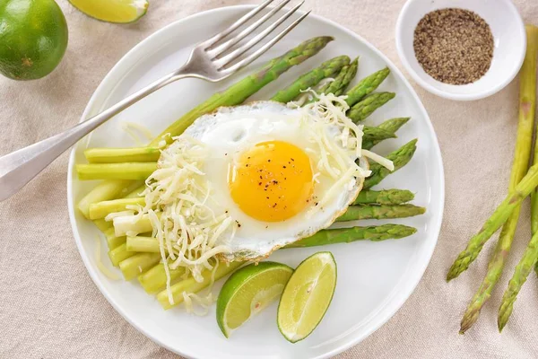 Boiled Asparagus Fried Egg Black Pepper Healthy Breakfast Stock Picture