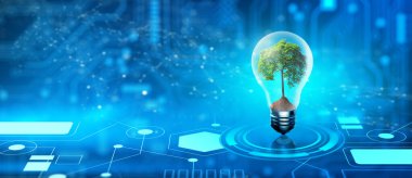 Ampulde toprak büyüyen ağaç. Dijital Yakınsama ve Teknoloji Yakınsaması. Mavi ışık ve şebeke arka planı. Green Computing, Green Technology, Green IT, CSR ve IT etik kavramı.