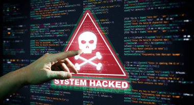 El gösterimi Soyut Modern Programlama Kod Ekranı Uyarı Sistemi hacklendi. Virüs, Malware, Siber Saldırı ve İnternet Siber Güvenlik Konsepti.