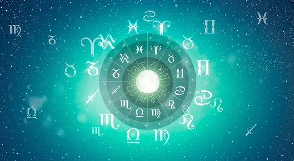 Астрологічні Знаки Зодіаку Всередині Кола Гороскопа Астрологія Знання Зірок Небі — стокове фото