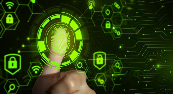 指紋スキャンは 生体認証Idと承認でセキュリティアクセスを提供します 指紋を介してセキュリティとパスワード制御の未来 技術セキュリティと安全インターネットの概念 — ストック写真
