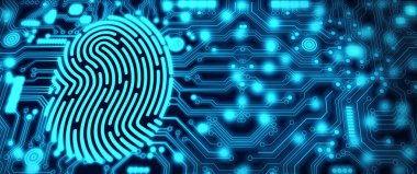 Geleceğin güvenlik teknolojisi. Parmak izi taraması DOF 'da güvenlik erişimi sağlıyor. Parmak izi güvenlik konsepti. 3B Hazırlama.