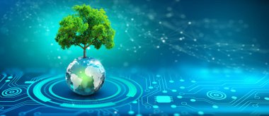 Tree growing on crystal globe. Digital Convergence and Technology Convergence. Blue light, binary and network background. Green Computing, Green Technology, Green IT, csr, and IT ethics Concept.