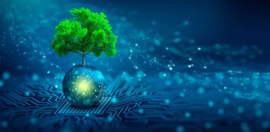 Tree growing on Circuit digital ball. Digital and Technology Convergence. Blue light and Wireframe network background. Green Computing, Green Technology, Green IT, csr, and IT ethics Concept.