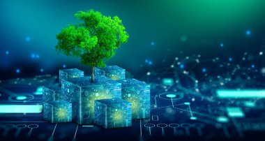 Tree growing on Circuit Digital Cube. Digital and Technology Convergence. Blue light and Wireframe network background. Green Computing, Green Technology, Green IT, csr, and IT ethics Concept.