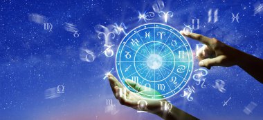 Astrological zodiac signs inside of horoscope circle. Astrology, knowledge of stars in the sky over the milky way and moon. The power of the universe concept. clipart