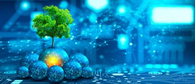 Circuit dijital topunda büyüyen ağaç. Dijital Yakınsama ve Teknoloji Yakınsaması. Mavi ışık ve kablo çerçeve ağı arka planı. Green Computing, Green Technology, Green IT, CSR ve IT etik kavramı.
