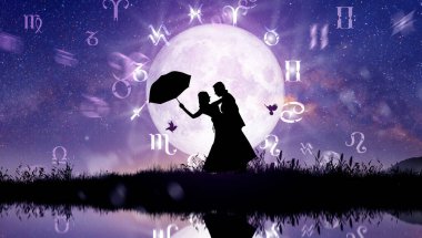 Astrological zodiac signs inside of horoscope circle. Couple singing and dancing over the zodiac wheel and milky way background. The power of the universe concep