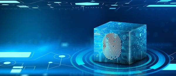 Digital Signature Fingerprint System and Finger scan authorized technology provider on Cube Technology. Biometric access and Fingerprint verification on blue abstract background. 3D Rendering.