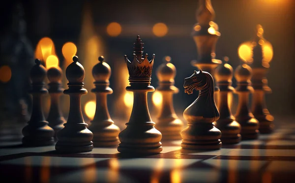 Sada Šachových Figurín Šachovnici Královna Věž Filmové Osvětlení Vedení Týmová — Stock fotografie