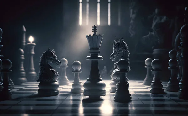 Sada Šachových Figurín Šachovnici Královna Věž Filmové Osvětlení Vedení Týmová — Stock fotografie