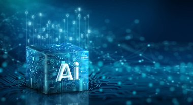 Ai Processor chip of Cube Technology. Big data storage, Cloud computing, Machine learning, Ai blockchain technology. Artificial intelligence learnability Concept.