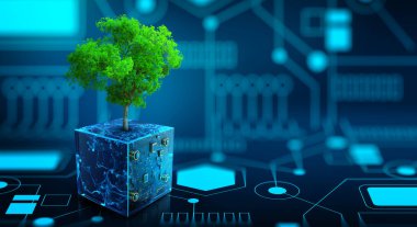 Tree growing on Circuit Digital Cube. Digital and Technology Convergence. Blue light and Wireframe network background. Green Computing, Green Technology, Green IT, csr, and IT ethics Concept.