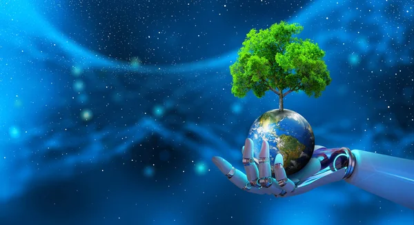 Robot Hand Holding Tree Earth Con Convergenza Tecnologica Sfondo Blu — Foto Stock