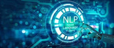Robot el NLP hologram ekranına ve teknoloji geçmişine dokunuyor. Doğal Dil İşleme Bilişsel Bilgisayar Teknolojisi ve Ai Teknoloji Konsepti. 3d illüstrasyon.
