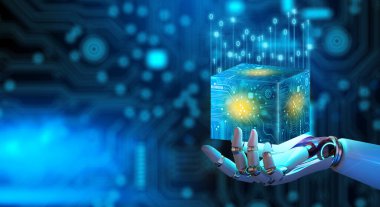 Robot el, soyut mavi arkaplan ile Ai Cube teknolojisini tutuyor. Blockchain Ağ Sistemi. Büyük veri depolama işlemi, Yapay Zeka, İnternet Güvenliği ve Dijital Teknoloji.