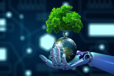 Robot el, Tree on Earth 'ü teknolojik açıdan mavi arka planda tutuyor. Yeşil hesaplama, CSR, bilişim etiği, doğa teknolojisi etkileşimi ve çevre dostu. NASA tarafından döşenmiş elementler.