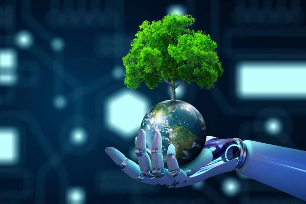 Robot hand holding Tree on Earth with technological convergence blue background.Green computing, csr, IT ethics, Nature technology interaction, and Environmental friendly. Elements furnished by NASA.