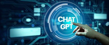 İş adamı eli hologram Chat GPT 'yi işaret ediyor. Yapay Zeka Gelecek Teknolojisi ve Robot Çevrimiçi Sistemi.