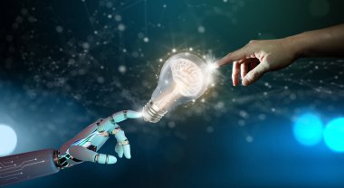Robot el ve insan eli, içinde beyin olan ampulleri, dışında da düşük poligramı olan ampulleri gösteriyor. Yaratıcı ve yenilikçi ilham. İş Bright fikri ve Yapay Zeka çözümü kavramı.