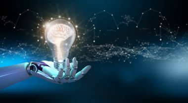 Ai Robot eli içinde Beyin olan ampulleri tutuyor ve dışarıda da düşük poligramlı kablolar. Yaratıcı ve yenilikçi ilham. Yapay Zeka kavramı ile Parlak İş Fikri.
