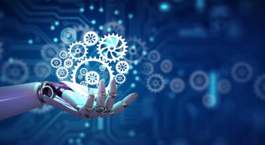 Ai Robot el dişli tekerlek tutuyor. Devre kesişme noktası arkaplanı. Yapay Zeka, Takım Çalışması, Planlama Stratejisi, İşbirliği ve Analiz Çözüm Geliştirme Konsepti ile iş fikri.