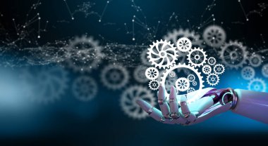 Ai Robot el dişli tekerlek tutuyor. Devre kesişme noktası arkaplanı. Yapay Zeka, Takım Çalışması, Planlama Stratejisi, İşbirliği ve Analiz Çözüm Geliştirme Konsepti ile iş fikri.